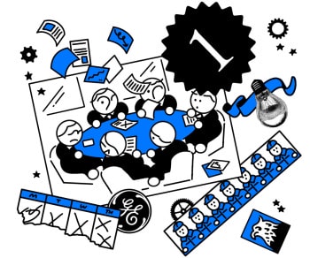 Iconography relating to the corporate business world, including an executive board meeting, the General Electric logo, memos, and a ripped up calendar.