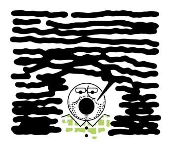 A man with a stubble and glasses has an open black hole for a mouth, and out of it spews black bile.