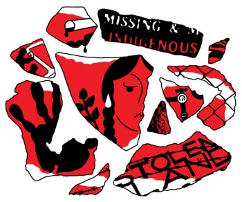 Ripped up pieces of paper containing iconography of Indigenous people, including the words “MISSING & INDIGENOUS” and “STOLEN LAND,” a frowning woman with a drop of sweat falling down a braid, and half a handprint.