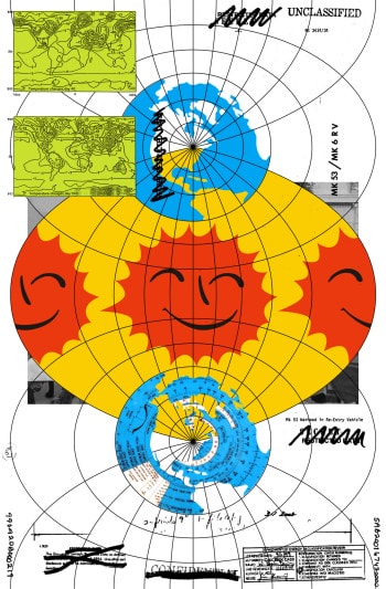 Flat renditions of world maps are stacked on top of one another. The one in the middle contains explosions with smiling faces.