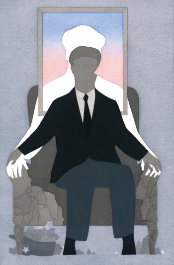 A faceless man wearing a suit—presumably Xi Jinping—sits on a crumbling throne. Behind him is the silhouette of another faceless man—presumably Mao Zedong.