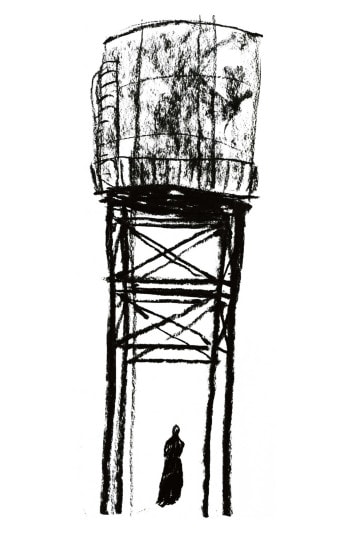 A spooky looking watertower with a robed person standing underneath it.