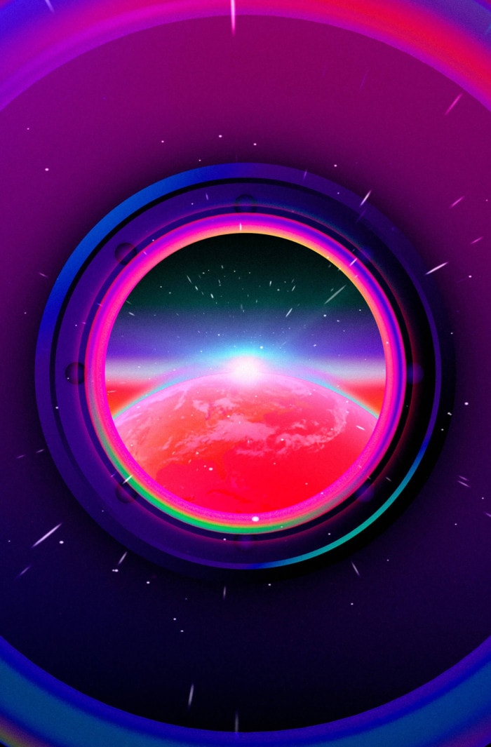 A world can be seen through a porthole on a spaceship.