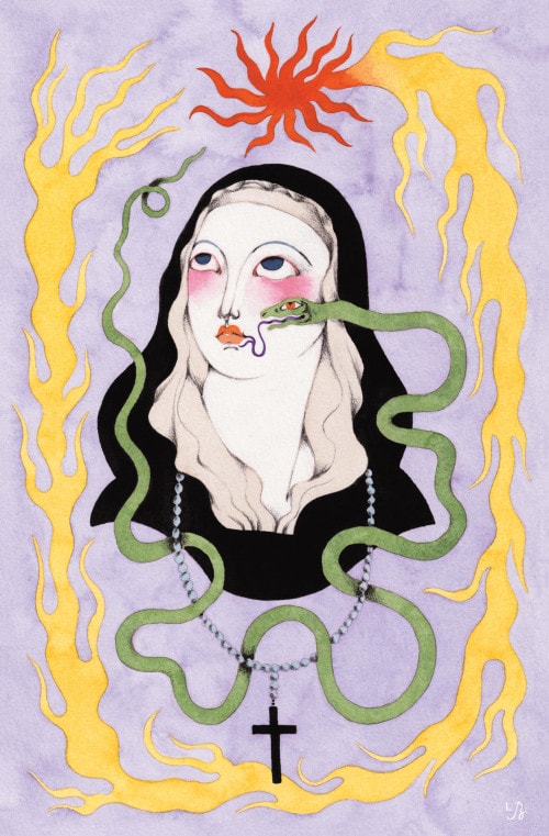 A nun is looking upwards as a snake coils around her.