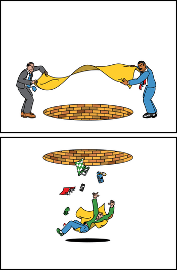 Two men in business attire holding a sheet over a pit.