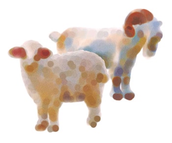Splotchy renditions of a lamb and a ram.