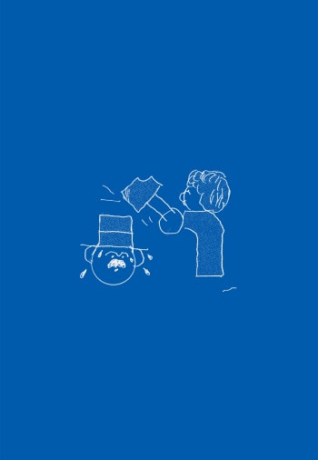 A person is hitting someone else, who is wearing a hat, over the head with a hammer.