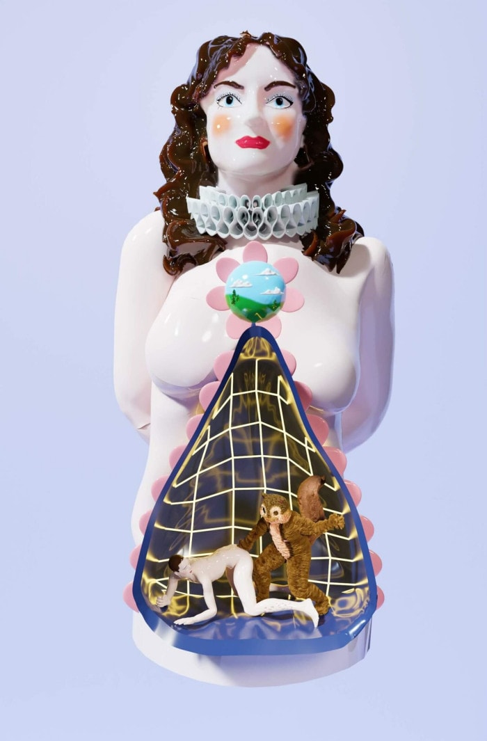 A glossy painted figurine of a pregnant woman stands face-forward with cross-section of her stomach exposed. The interior of which is lined with yellow grid, like Star Trek’s holodek, and features two smaller sexually-suggestive figures: the first is an adult man kneeling on all fours, and the second is an anthropomorphic squirrel with a large erect penis.