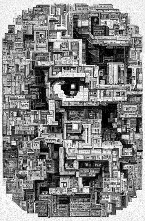 A graphic illustration in the style of M.C. Escher depicts a series of buildings stacked on top of each other, creating the appearance of a dystopian eye at the center, like a panopticon.