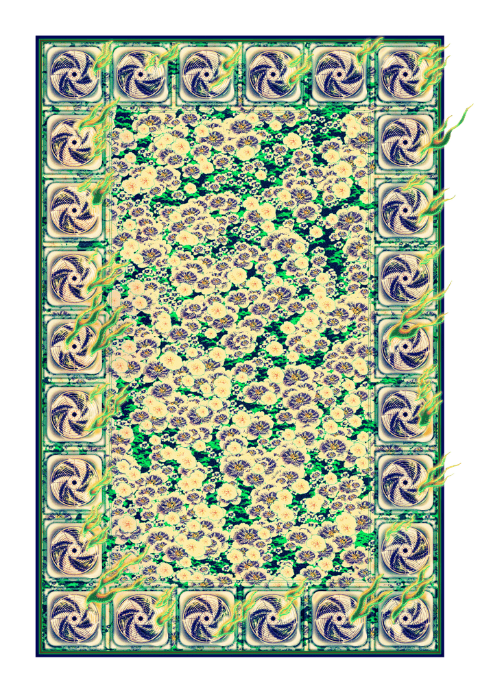 A colorful illustration in the style of a tapestry features a field of purple and cream-colored flowers surrounded by a border made of spinning box fans that emit eerie green and orange fire.