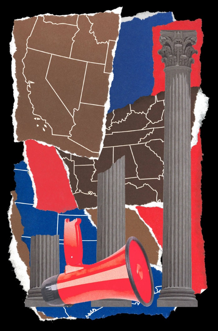 A map of the United States is torn up like scraps of construction paper that is rearranged and collaged into a loose rectangle. Broken greek columns are affixed on top of the collage. A megaphone has been placed in front of that.