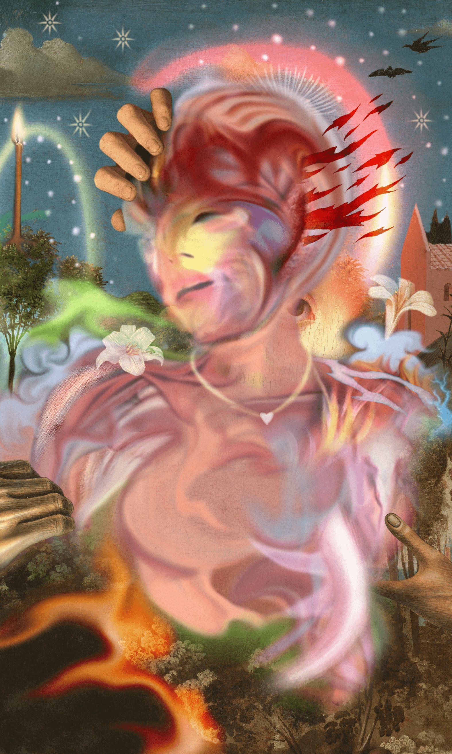 A feminine figure made out of smoke is being ripped apart by a masculine hand. The background is imagery of the Russian countryside.