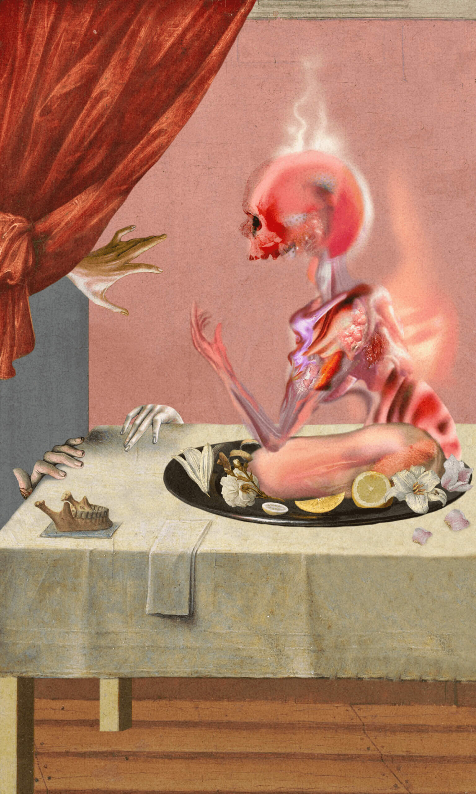 A skeletal human corpse is steaming on a dinner platter on top of a dining room table. The corpse is garnished with lemons and flowers. Ominous hands grip the fancy tablecloth.