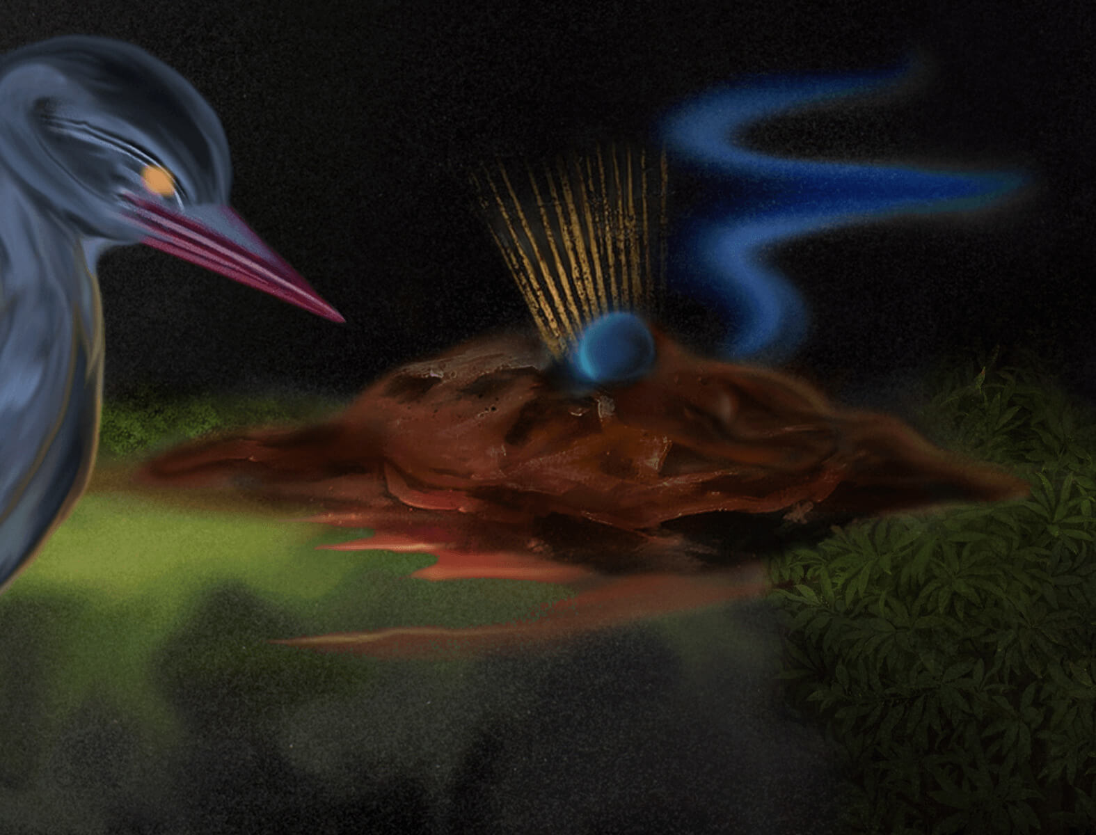 A regal looking bird stares at a steaming pile of dung wafting its heat into the cold night.