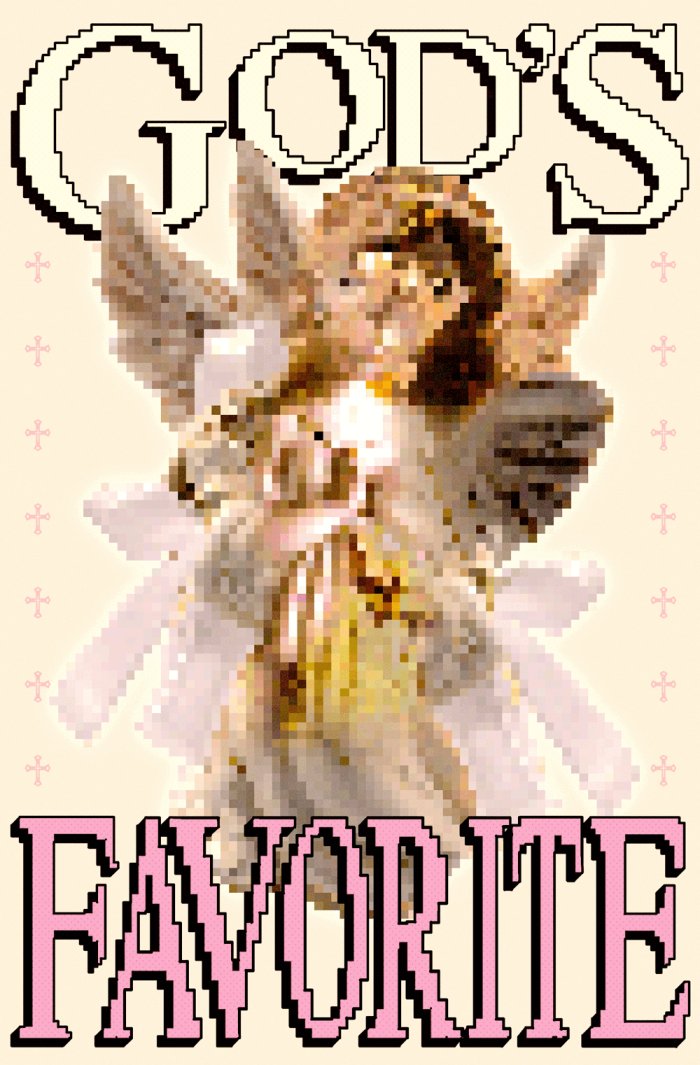 A doll resembling a small angel is heavily pixelated. The words “God’s Favorite” is layered on top.